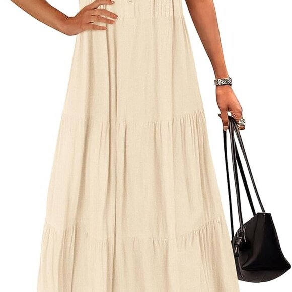 Summer Maxi Dresses for Women 2025 Spring Fashion Short Sleeve Button V Neck Ple - Picture 1 of 8